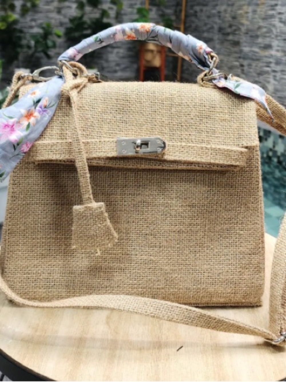 Kelly Style Satchel Top Handle / Crossbody Bag - Natural Jute/Burlap - 25cm